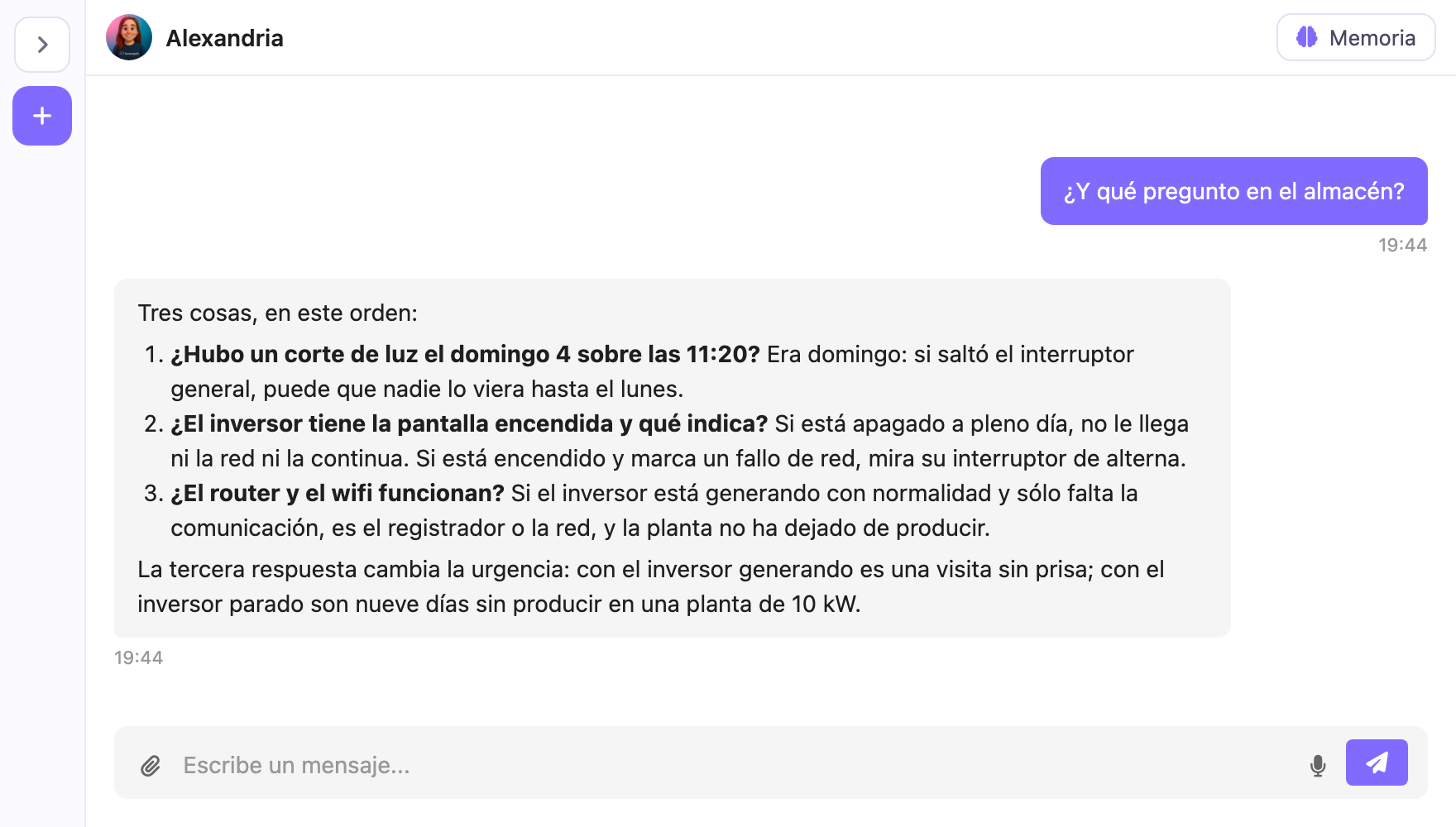 Alexandria propone tres preguntas para el almacén y explica cómo cambia la urgencia según la respuesta