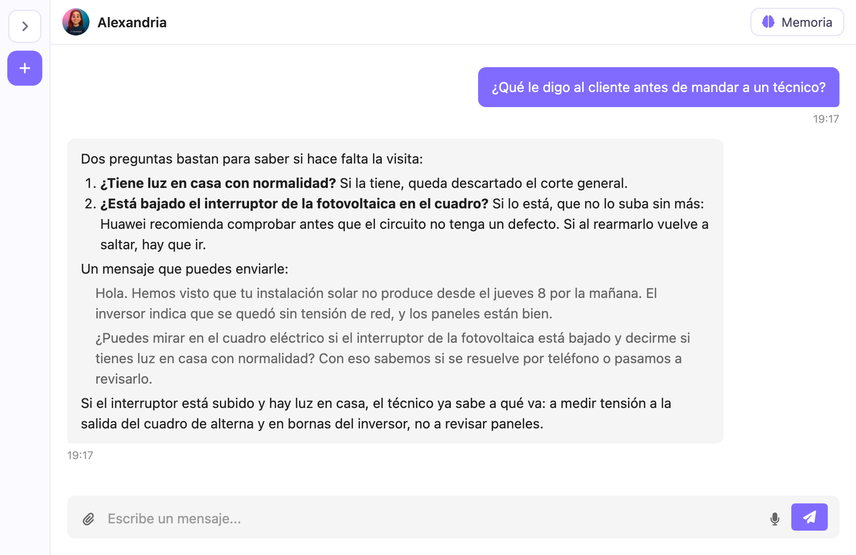 Alexandria propone las comprobaciones que puede hacer el cliente y el mensaje para enviarle