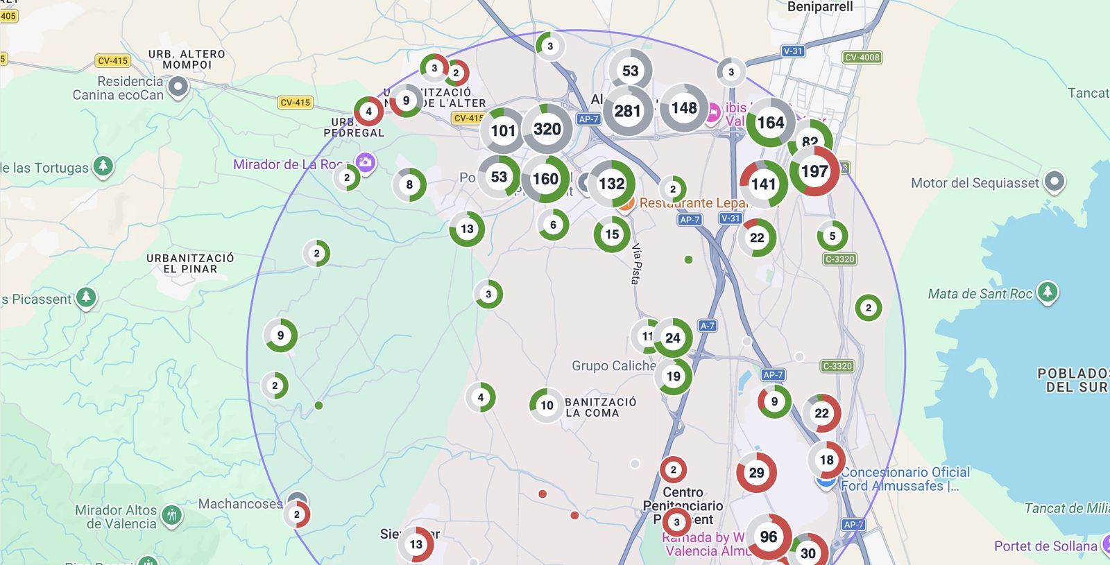 Mapa de una campaña real de LeadGen alrededor de Picassent, con los grupos de empresas coloreados por fase
